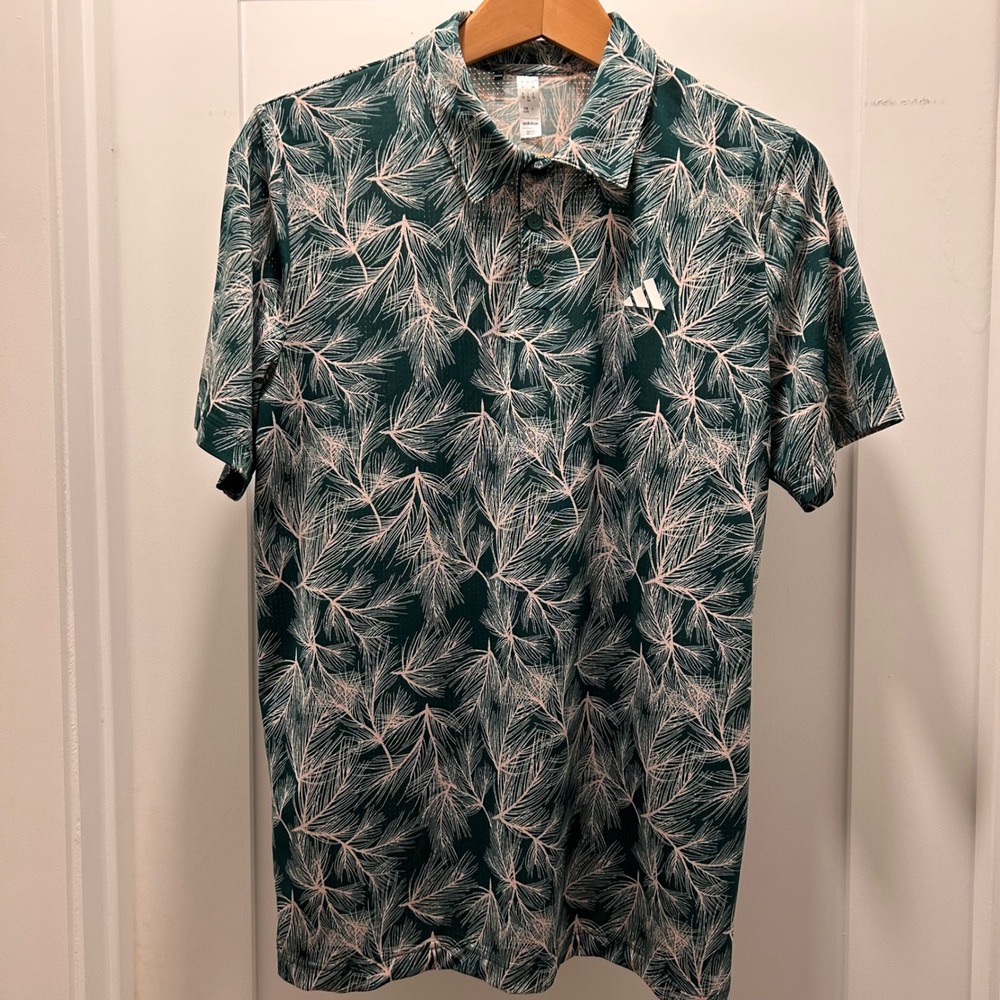 Adidas Ultimate365 Golf Polo Kids/Boys XL Green Pink Pine Needle AOP Mesh 15-16Y